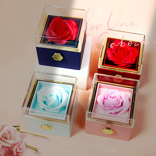 Rotating Rose Jewelry Box front view with red eternal soap flower.
