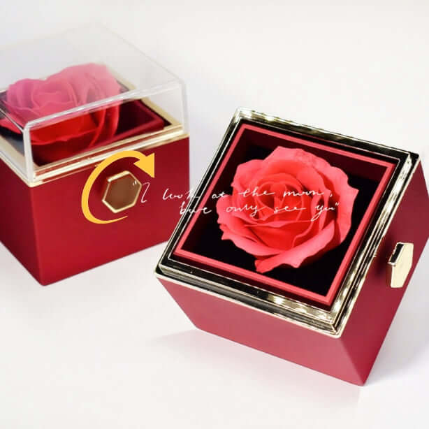 Rotating Rose Jewelry Box open drawer displaying a silver necklace.