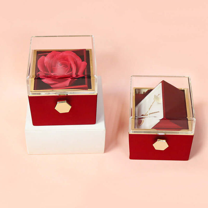 Rotating Rose Jewelry Box closed view with transparent acrylic cover.