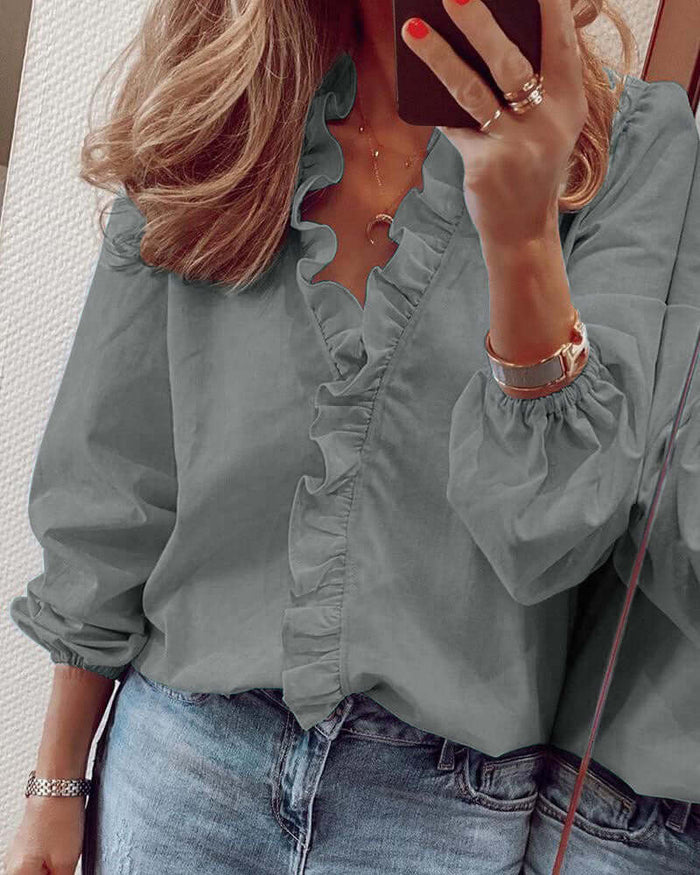 Ruffle Long Sleeve Blouse casual pullover top.