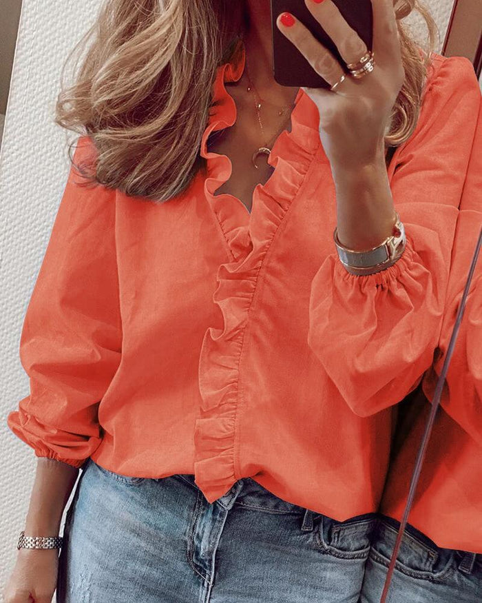 Ruffle Long Sleeve Blouse urban leisure style.