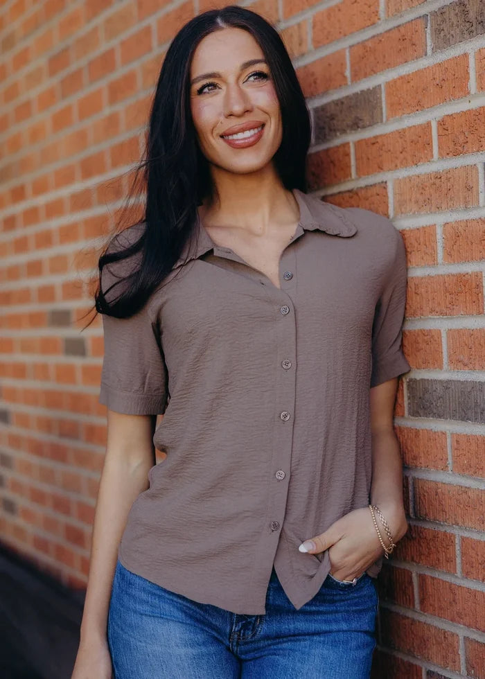 Ruffled Collared Blouse in Clove T-Shirt Mikarose- Tilden Co.