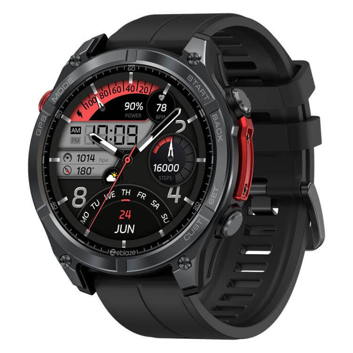 Rugged Outdoor GPS Smart Watch 1.43 inch Screen showing time, heart rate, steps, and other fitness metrics on a black strap design.