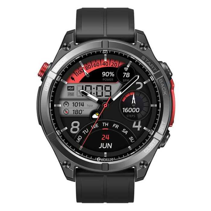 Rugged Outdoor GPS Smart Watch 1.43 inch Screen displaying various fitness metrics, weather info, and time.