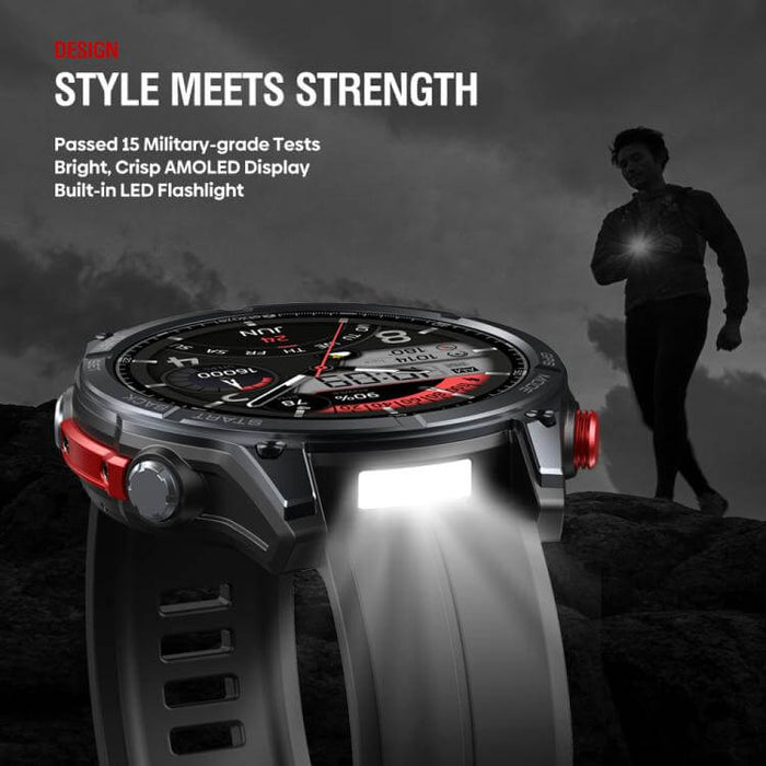 Rugged Outdoor GPS Smart Watch 1.43 inch Screen features a bright AMOLED display and built-in LED flashlight.