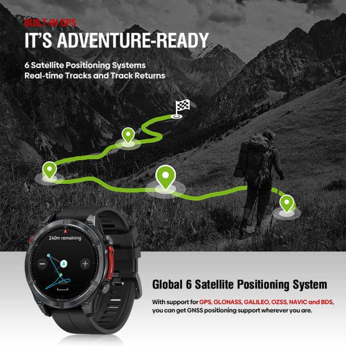 Rugged Outdoor GPS Smart Watch 1.43 inch Screen showcasing adventure-ready features with 6 satellite positioning systems.