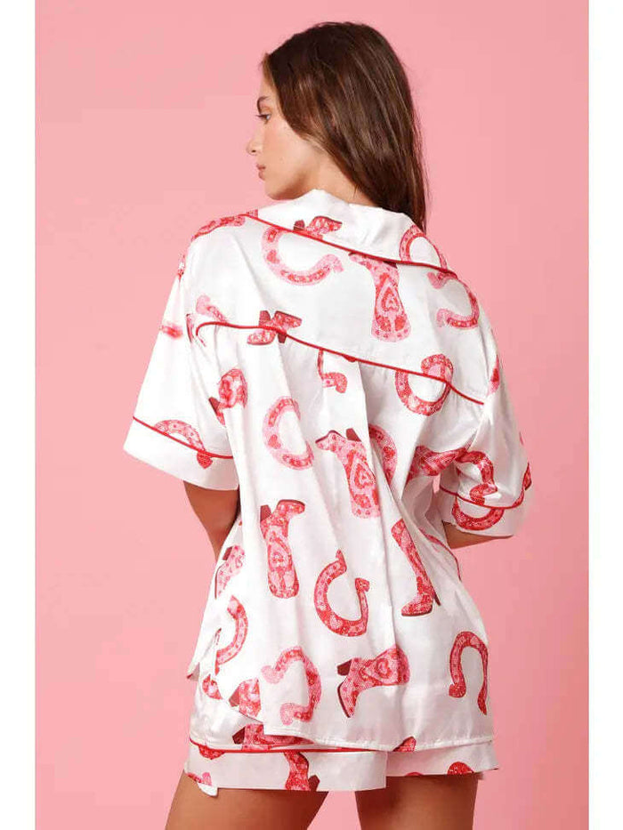 Satin Printed Two-piece Suit Pajamas For Women Set pink love design.