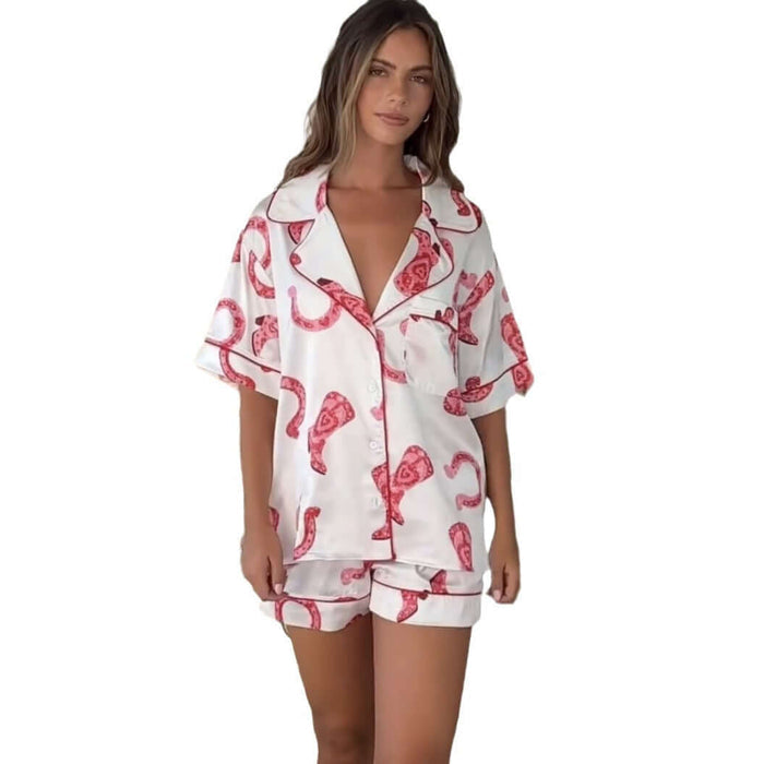 Satin Printed Two-piece Suit Pajamas For Women Set deep pink diamond fragments.