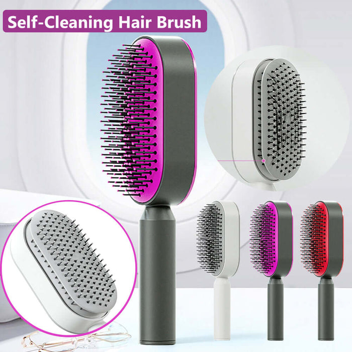 Self Cleaning Hair Brush One-key Airbag Massage Comb black gold.