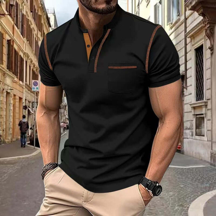 Short Sleeve Polo Shirt Henry T-shirts in black worn by a man on a city street.