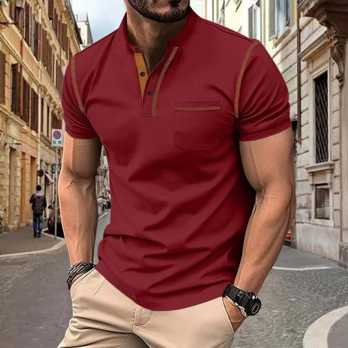 Short Sleeve Polo Shirt Henry T-shirts worn by a man in a stylish red shirt in an urban setting.