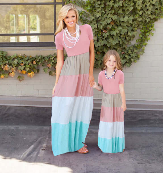 Short Sleeve Striped Parent-Child Dress polyester blend fabric.