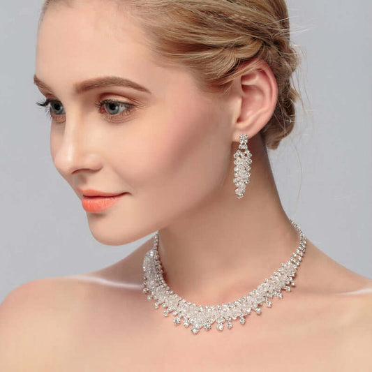 Silver Alloy Wedding Jewelry Set Necklace Earrings front view