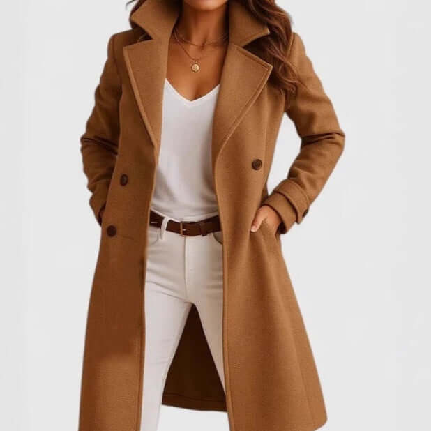 ​Single Breasted Mid Length Coat gray color front view.