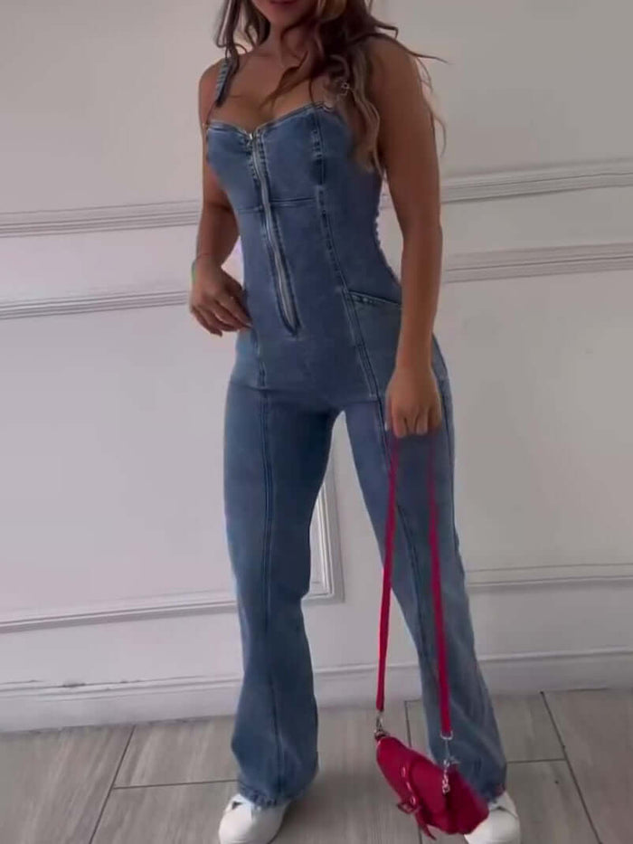 Sleeveless Paneled Zipper Denim Jumpsuit featured with a stylish pink handbag and casual sneakers.
