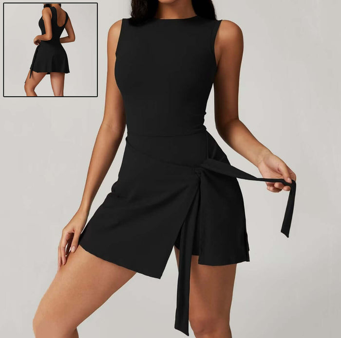 Sleeveless Sports Romper Yoga Jumpsuits in stylish black design showcasing a fitted top and flared skirt with tie detail.