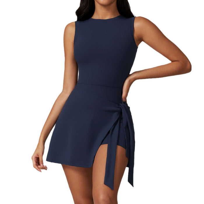 Sleeveless Sports Romper Yoga Jumpsuits in navy color, featuring a fitted bodice and a tied skirt design.