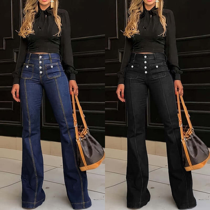 Slim Fit Patchwork Stretch Flared Jeans close angle view tracking the precise reinforced collage stitching craft