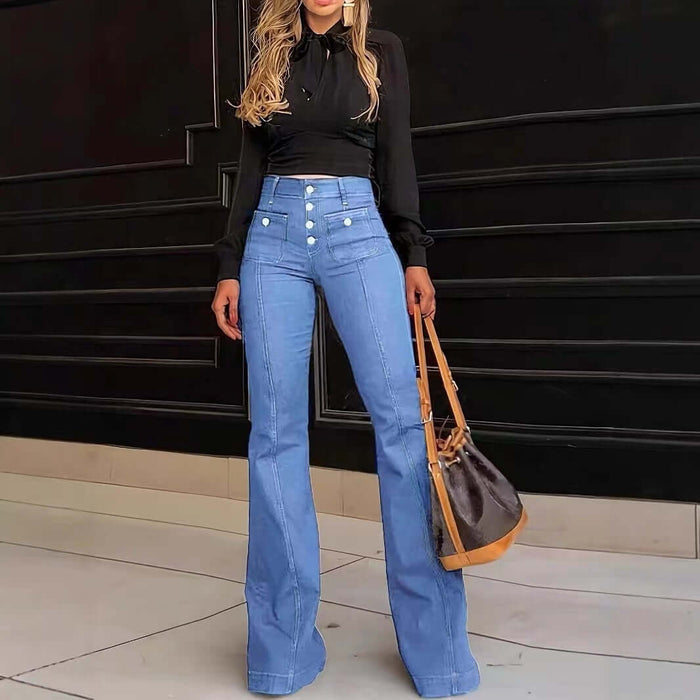 Slim Fit Patchwork Stretch Flared Jeans side profile illustrating the contouring body slimming performance lines