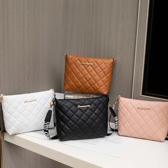 Small Messenger Bag Lingge Embroidery Shoulder Purse in four colors: black, white, brown, and pink.