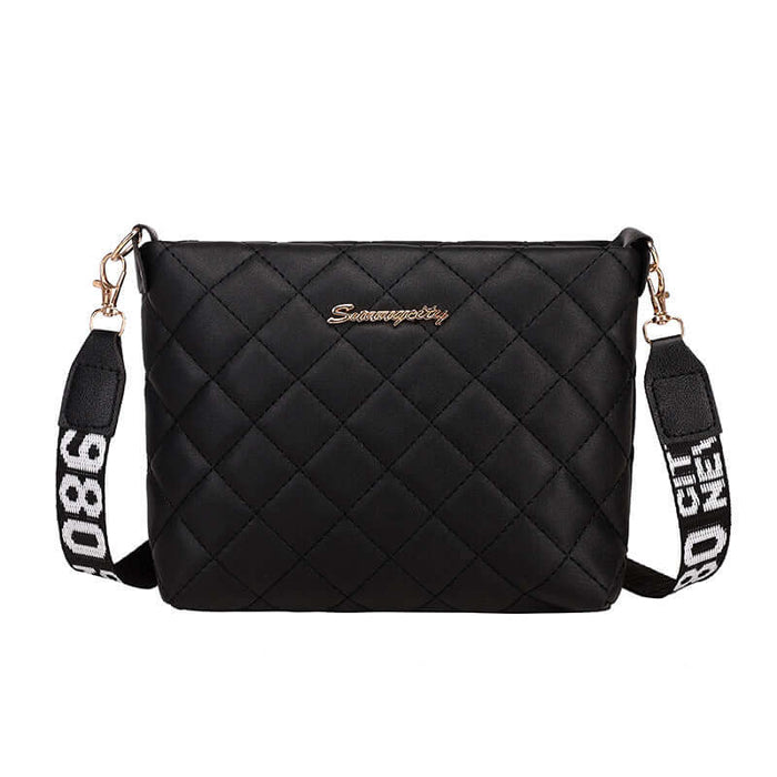 Small Messenger Bag Lingge Embroidery Shoulder Purse in black quilted design with adjustable strap.