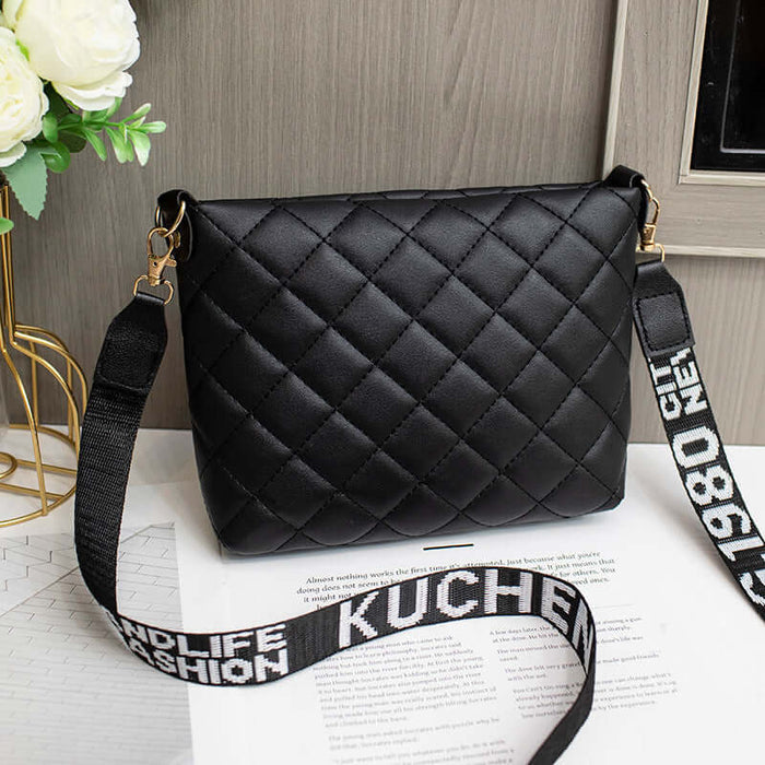 Small Messenger Bag Lingge Embroidery Shoulder Purse in black with quilted pattern and stylish strap.