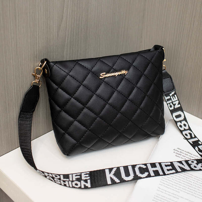 Small Messenger Bag Lingge Embroidery Shoulder Purse in black with quilted design and stylish strap.