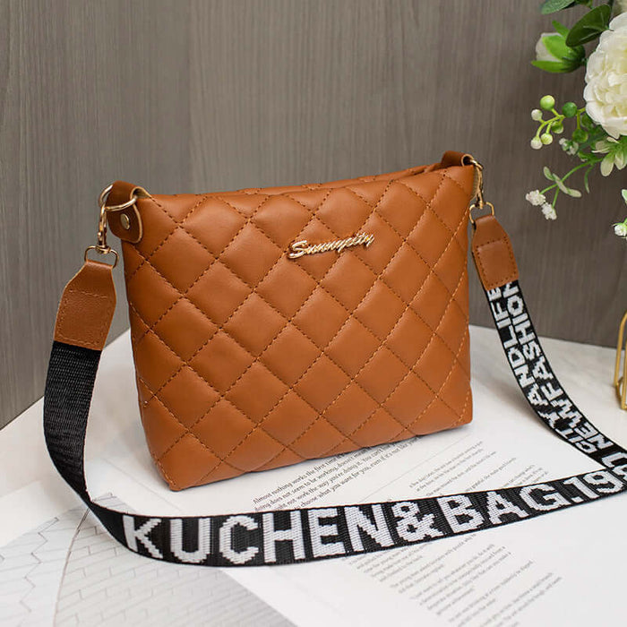 Small Messenger Bag Lingge Embroidery Shoulder Purse in brown with quilted design and adjustable strap.
