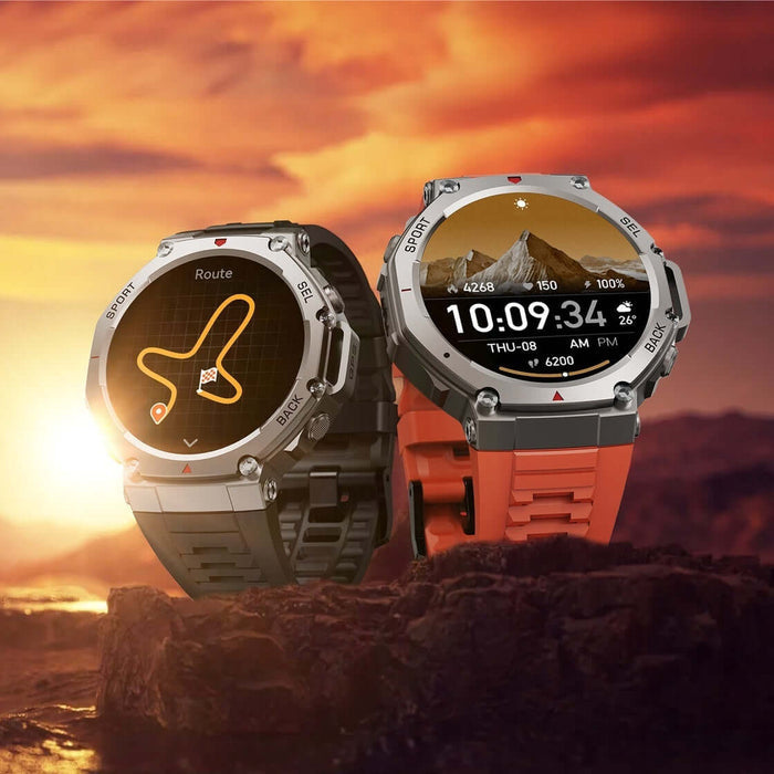 Smartwatch With AMOLED Display showcasing navigation route and time in a scenic sunset background.