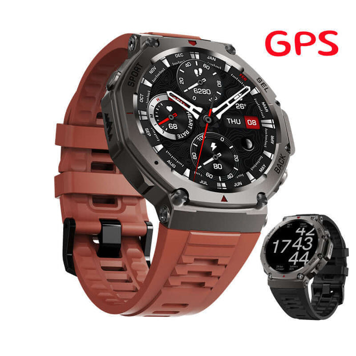 Smartwatch With AMOLED Display showing GPS functionality and dual design in orange and black colors.