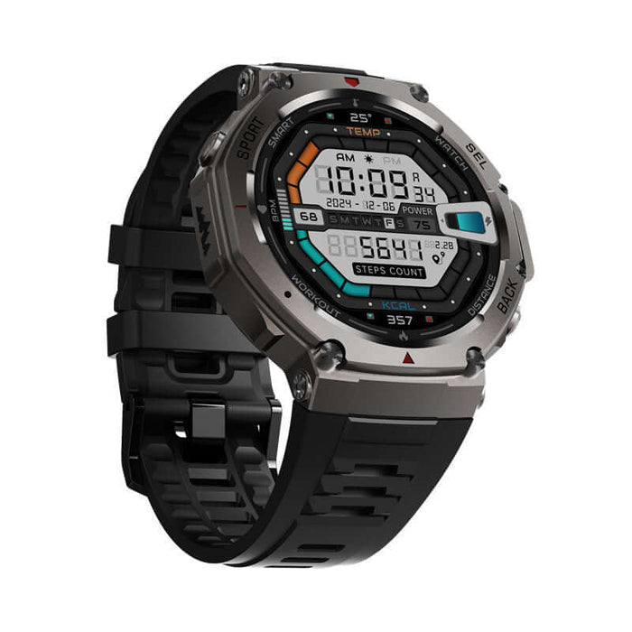 Smartwatch With AMOLED Display showcasing its digital screen and rugged design features.