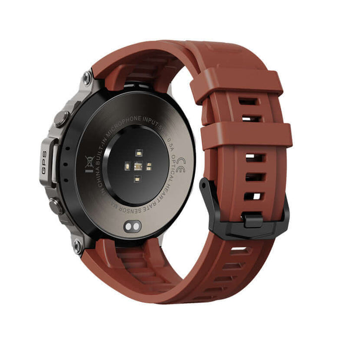 Smartwatch With AMOLED Display, showing backside with sensor and red silicone strap.