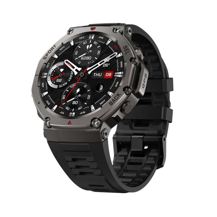 Smartwatch With AMOLED Display showcasing a black and silver design featuring GPS and multiple sports modes.