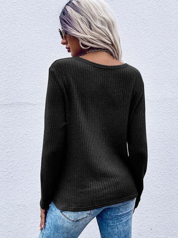 Soft Waffle Knit Solid Color Long Sleeve Bottoming Sweater casual look