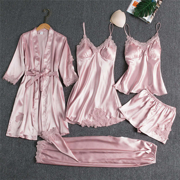 Spring Autumn Sling Five-Piece Women Pajama Set featuring satin pieces in soft pink color.