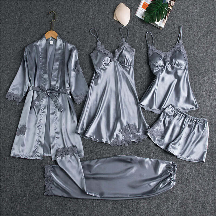 Spring Autumn Sling Five-Piece Women Pajama Set displayed in gray satin, including robe, camisoles, shorts, and skirt.