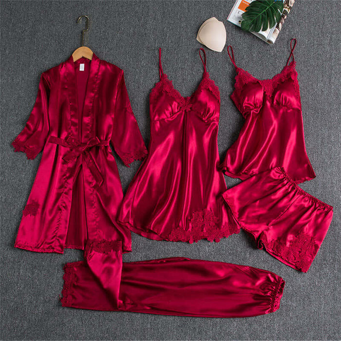 Spring Autumn Sling Five-Piece Women Pajama Set in rich burgundy color featuring a robe, camisole, shorts, and pants.
