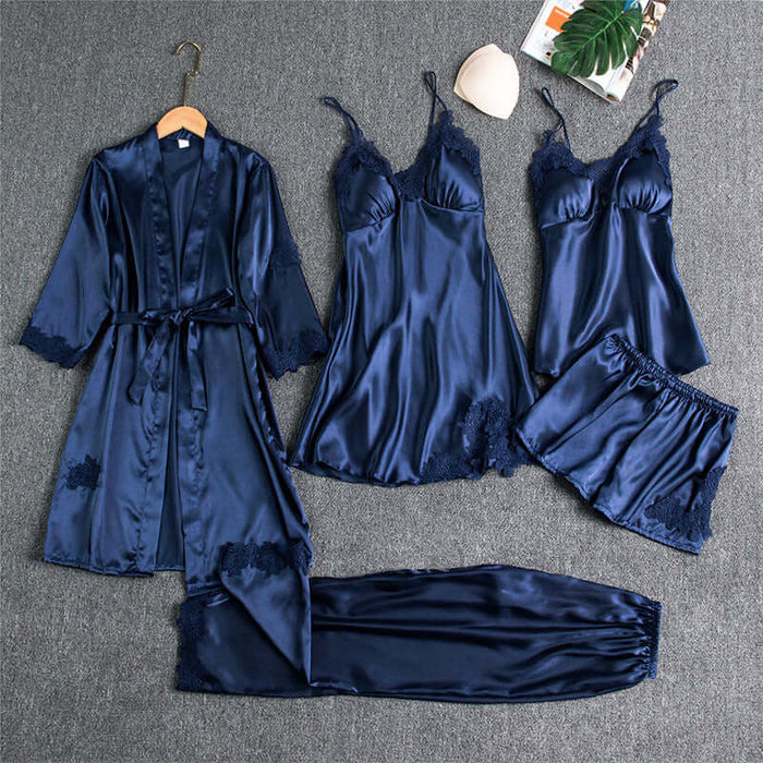 Spring Autumn Sling Five-Piece Women Pajama Set featuring satin nightgown, shorts, and robe in dark blue.