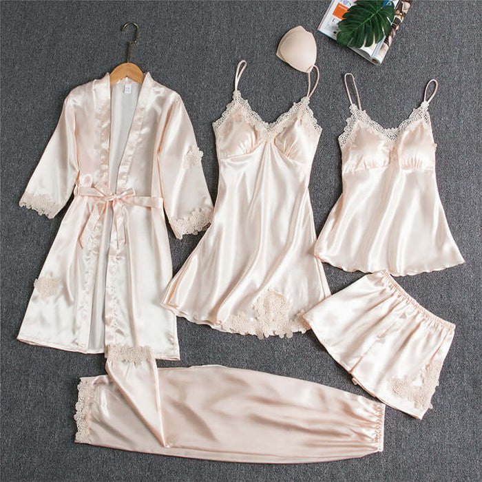 Spring Autumn Sling Five-Piece Women Pajama Set featuring luxurious satin robes and sleepwear in soft pastel tones.