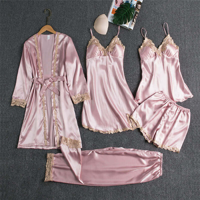 Spring Autumn Sling Five-Piece Women Pajama Set featuring satin fabric, flattering designs, and stylish colors.
