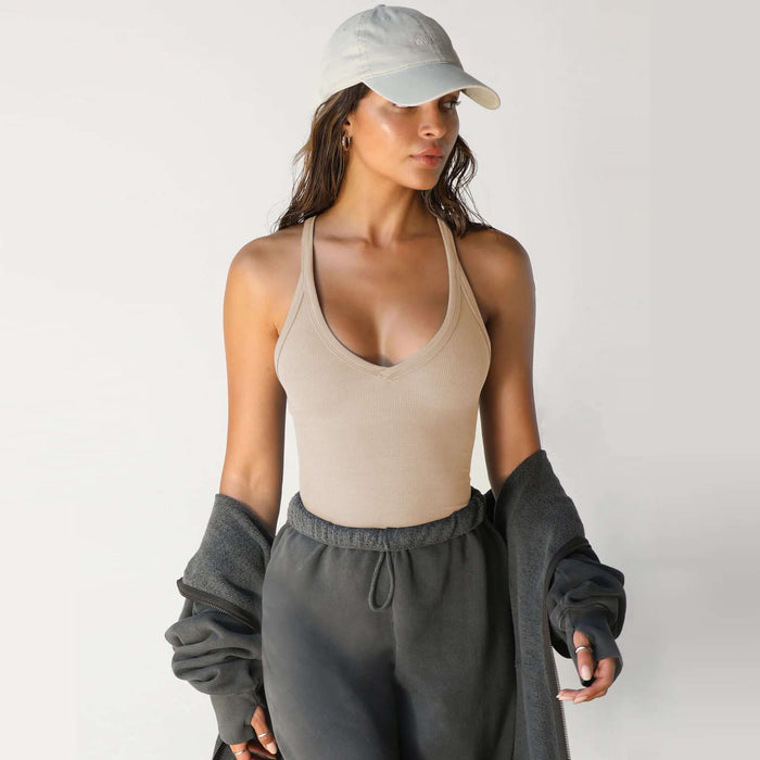 Spring Knitted Ribbed Vest Top flexible rich textured premium polyester fiber weave details closeup