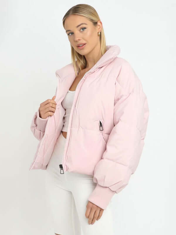 Stand Collar Sleeveless Puffer Vest Jacket for Women front view on model