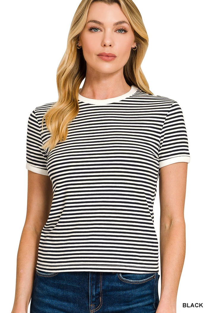 Striped Banded Tee Short Sleeve Top Zenana- Tilden Co.
