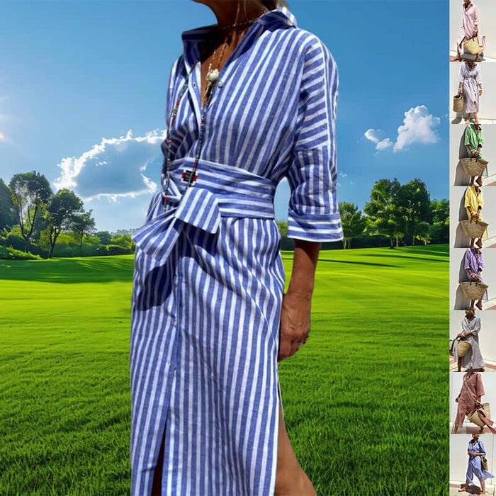 Striped Half-Sleeve Belted Lapel Shirt Dress displayed outdoors on a sunny day in a lush green landscape.