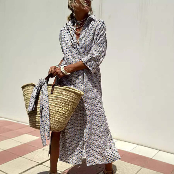 Striped Half-Sleeve Belted Lapel Shirt Dress worn with a straw bag, showcasing a stylish summer look in natural light.