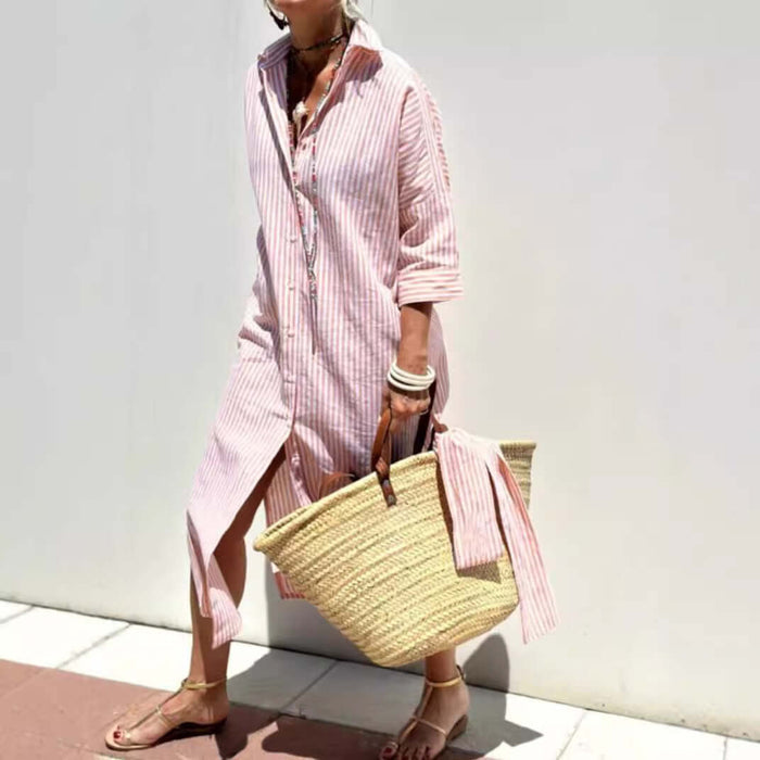 Woman wearing a Striped Half-Sleeve Belted Lapel Shirt Dress with a straw bag in a sunny outdoor setting.
