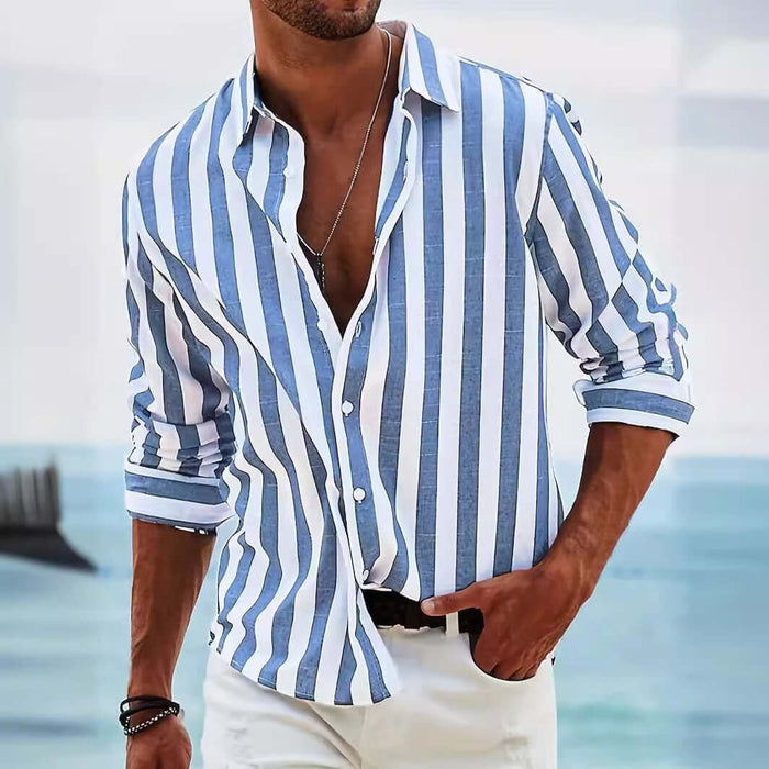 Striped Print Casual Loose Long Sleeved Shirt for Men with blue and white stripes, perfect for a laid-back summer look.