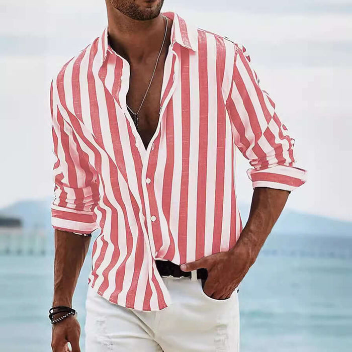 Striped Print Casual Loose Long Sleeved Shirt for Men featuring red and white stripes against a beach backdrop.