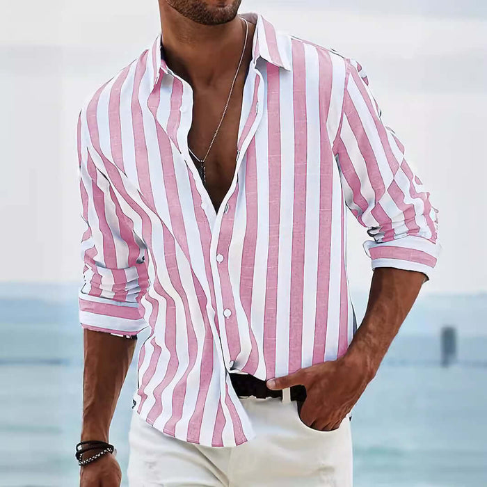 Striped Print Casual Loose Long Sleeved Shirt for Men worn by a model outdoors with a scenic background.