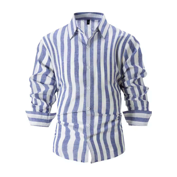 Striped Print Casual Loose Long Sleeved Shirt for Men in blue and white stripes, perfect for a relaxed style.